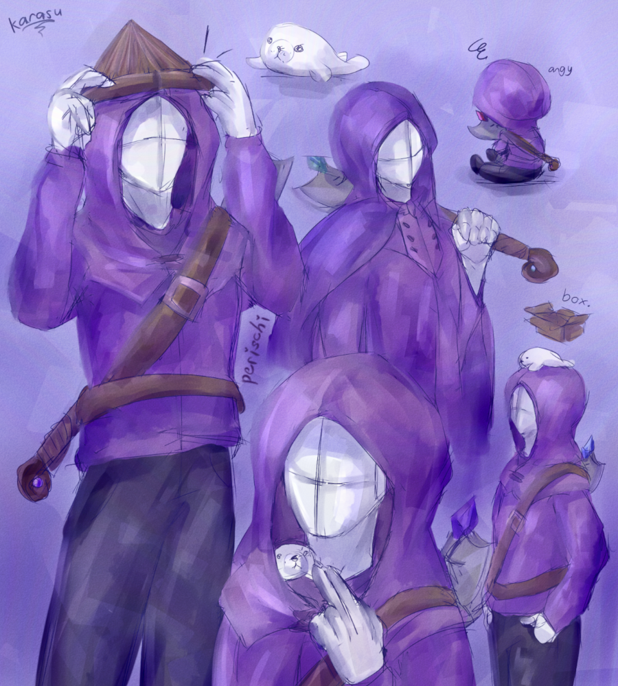 Digital artwork of a white humanoid mannequin in various poses. The mannequin is wearing a purple hooded jacket and is holding or equipped with an axe in each depiction. A small seal is present in some of the poses, and on its own at the top. The top-right drawing shows a chibi style of the character with the back to the camera and the text 'angy'. The middle-right also contains a random cardboard box with the text 'box.'
