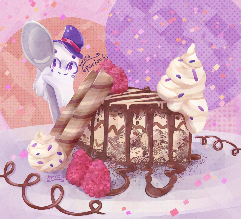Digital artwork of a plate of tiramisu with whipped cream, cookie sticks, and raspberries, behind the tiramisu is a ghost wearing a top hat holding a large spoon