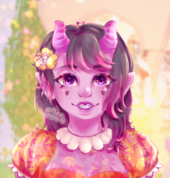 Digital artwork of a humanoid demon character with pink skin, pink-purple irises, and mid-length black hair with pink tips. Two short horns come from the head and two small triangles appear to be painted under her eyes. She is wearing a yellow flower in her hair and a floral orange dress with puffy sleeves.