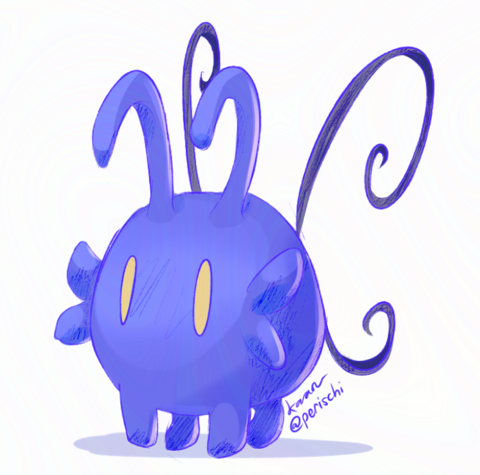 Digital artwork of a blue creature that is sphere shaped with four legs, two antennae, and other bits protruding from the front. It has spiral-shaped wings and oval-shaped yellow eyes. 