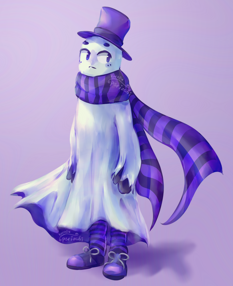 Digital artwork of a ghost character wearing a purple top hat, a purple and black striped scarf, and purple sneakers with purple and black striped socks