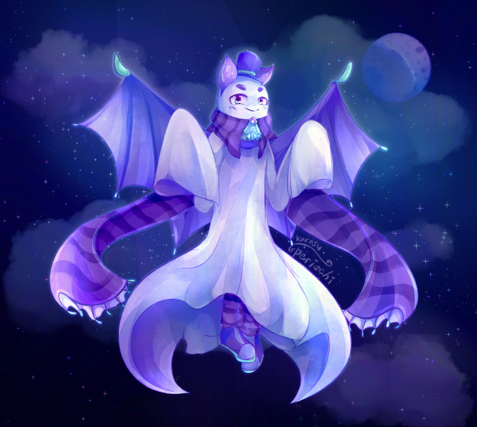 Digital artwork of a ghost character floating in a starry and slightly cloudy night sky, wearing a bat-ear headband and bat wings alongside a long striped scarf and a top hat