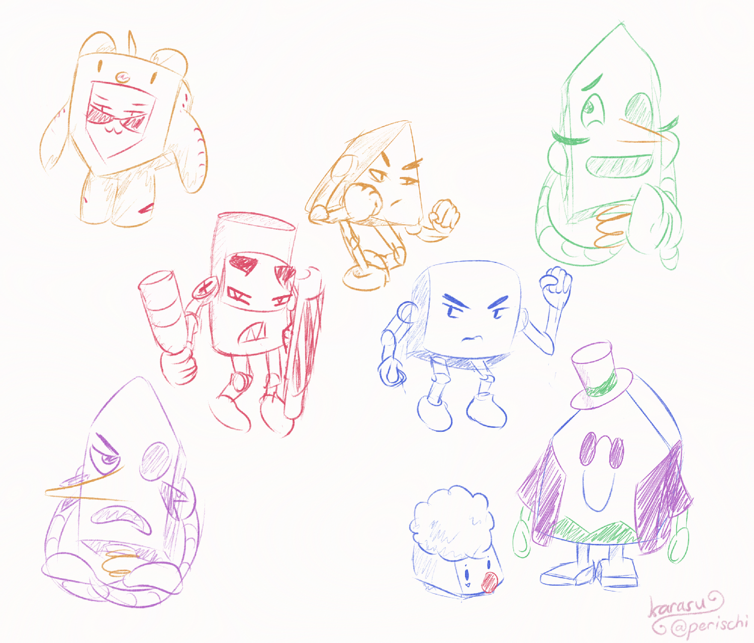 Digital artwork sketch of multiple block-shaped enemies from the video game Hello Kitty Roller Rescue. In the center, a red cylinder character, yellow triangular prism character, and blue cube character. In the corners are pentagonal prism characters; one in a bear suit, a green and purple spring character (depicted in its two different halves), and one in a suit and hat with a smaller pet accompanying it.