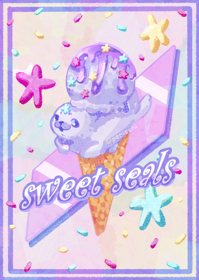Digital artwork illustration of a seal within an ice cream cone, with a decorated background of shapes and sprinkles, text reading 'sweet seals' on top