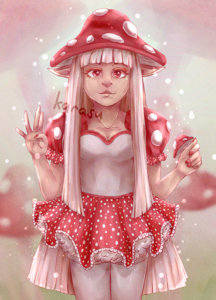 Digital artwork of a humanoid with elf ears and long, straight hair; her irises are red and she has red eyeshadow. She is wearing a mushroom hat and a mushroom-themed dress with a speckled skirt and puffy sleeves resembling mushrooms. She is holding a mushroom in one hand, her other hand being open.