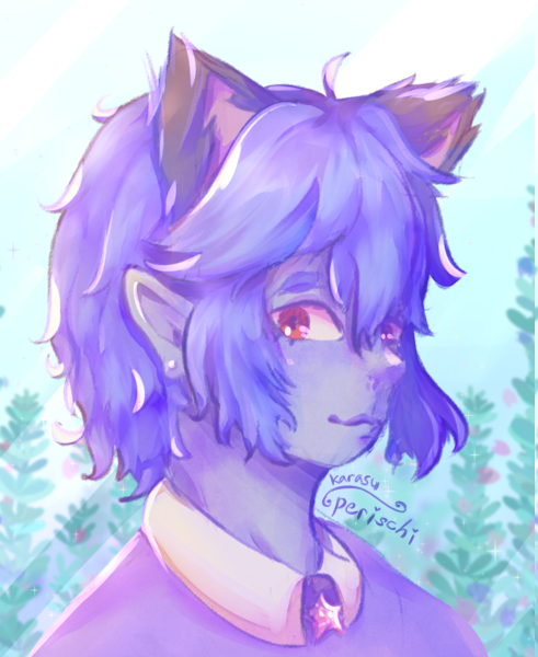 Digital artwork of a humanoid character with grey skin, blue short fluffy hair, and red eyes. He has a set of both pointed human ears and black fuzzy cat ears. He is wearing a purple sweater with a white shirt collar with a small star charm visible under the collar. The background is of a vague underwater scene with strands of plants similar to kelp, behind a window.