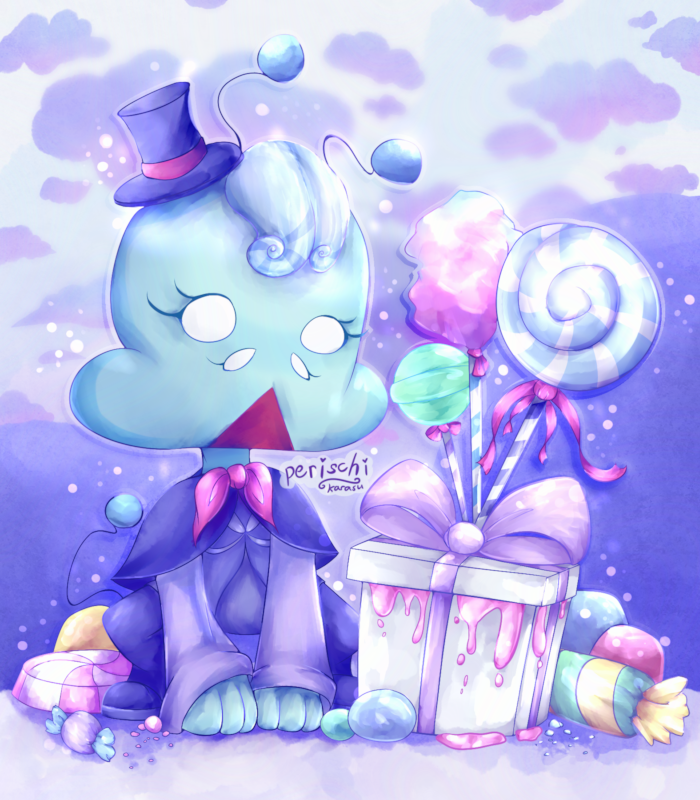 Digital artwork of a primarily blue creature with antennae, four eyes, wearing primarily indigo clothing, surrounded by candy and a gift box. In the background pastel clouds and hills can be seen.