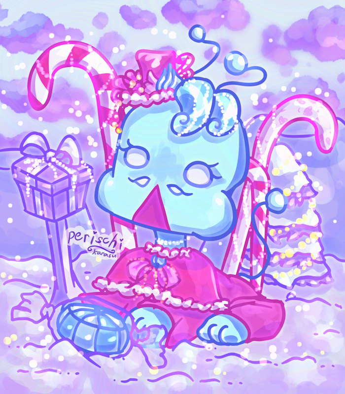 Digital artwork of a primarily blue creature with antennae, four eyes, wearing primarily reddish winter-themed clothing. In front of the creature is a wrapped piece of candy. Behind the creature is a present box on a pole, a few candy canes, and a decorated snowy purple Christmas tree. In the background pastel clouds and hills can be seen.