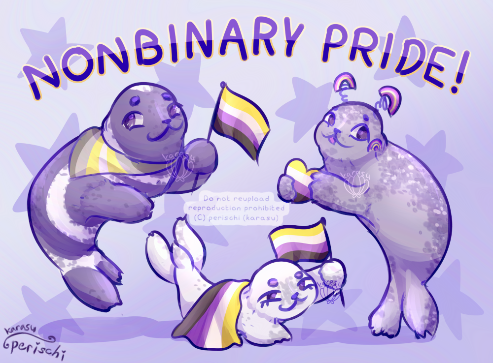 Digital artwork of three seals in various poses. The seal on the left is a black and white ribbon seal, holding a non-binary flag in its left flipper, and wearing a bandana around its neck with the colors of the demigender flag. The seal on the right is a harbor seal holding a heart painted like the non-binary flag, and is wearing non-binary flag rainbow boppers along with being painted on the side of its head. The seal on the bottom is a harp seal pup with a large non-binary flag draped on its back, holding a non-binary flag with its left flipper. The text 'NONBINARY PRIDE!' is at the top of the image.