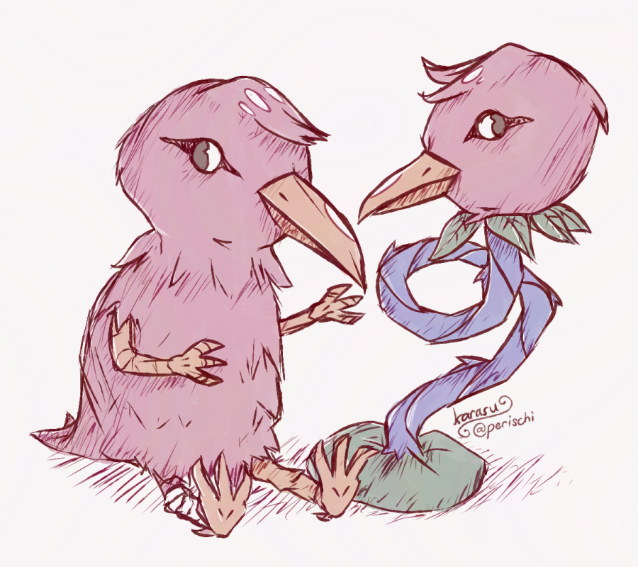 Digital artwork sketch-style illustration of two creatures from the webseries Petscop. The creature on the left is a red bird-like creature, except with arms instead of wings, and one of its legs are bandaged. Its limbs and beak are orange. The creature on the right has a near identical red bird head to the creature on the left, but has no limbs, instead with green leaves around its neck, and a blue winding thorny stalk as a body that comes out of a green object below.