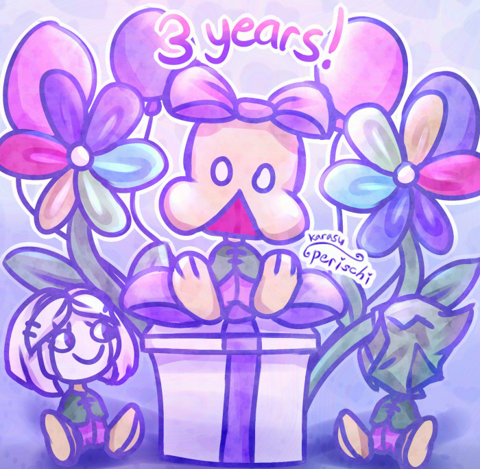 Digital artwork of creatures from the webseries Petscop. All three creatures have armless torsos with green tops and purple pants, and yellow feet. The creature in the middle has a yellow head, red mouth, and is wearing a large purple bow, sitting on a white and purple present box. The creature to the left has a somewhat humanoid white head, with white hair and large eyes with eyelashes. The creature to the right has a green head in an unknown shape. Two flowers with multicolored peteals and balloons are behind the creatures. The text '3 years!' is at the top of the image.