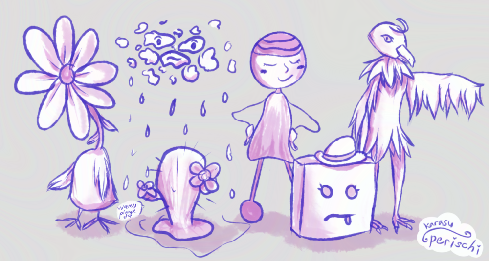 Digital artwork of various creatures referenced from the webseries Petscop, intended to be 'inverses' or 'cursed' versions of creatures from the source material. From left to right: A creature with a bird-like body with a large flower for a head. An altocumulus cloud rains onto a flowering cactus causing a puddle underneath the cactus, with a speech bubble from the cactus reading 'wavey please stop'. A somewhat humanoid creature stands with hands on her hips and two thin legs with circular 'feet'. A cube with a face wearing a hat. A bipedal bird with long unbroken legs and arms. 