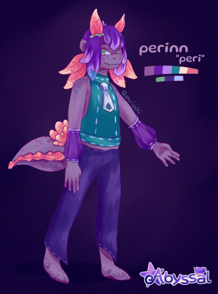 Digital artwork of a reference image for a bipedal alien character with resemblance to a sea slug. A colour palette is included