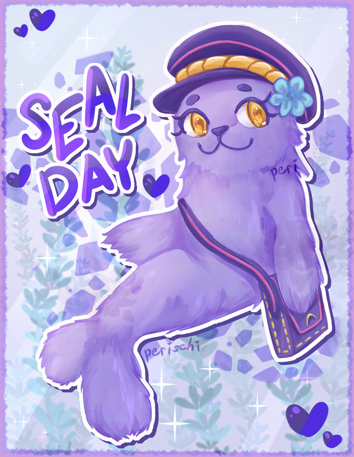 Digital artwork of a purple seal posing, wearing a messenger cap and bag. The text 'SEAL DAY' is included