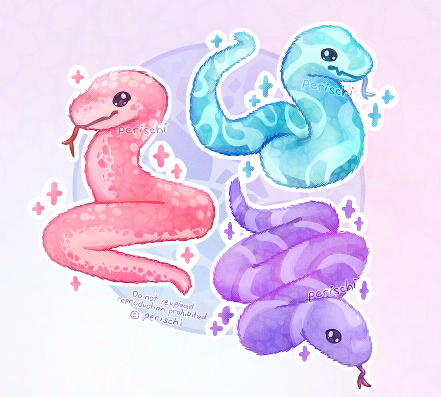 Digital artwork of three stylized snakes in various poses, surrounded by sparkles. On the left is a pink snake with a pattern of spots and a lighter coloured belly. On the top right is a light blue-green snake with a blotch-like pattern. On the bottom right is a purple snake with a striped pattern.