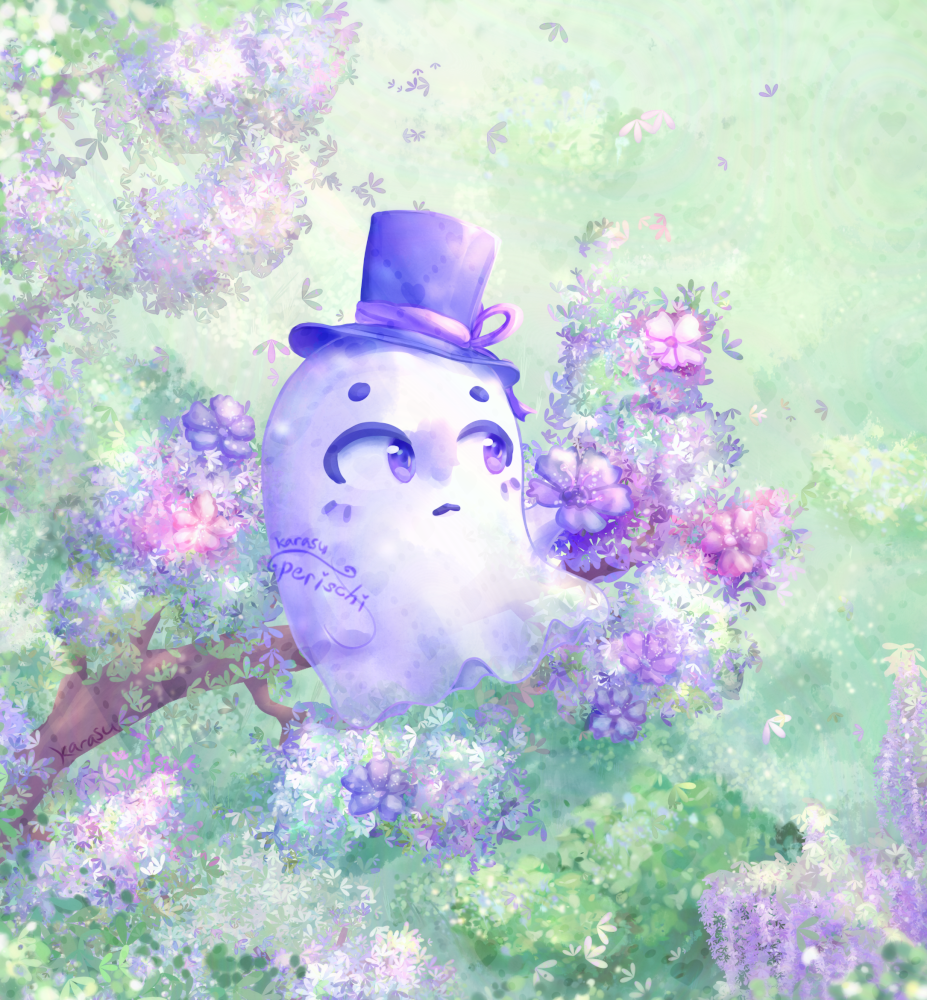 Digital artwork of a ghost wearing a top hat sitting on the branch of a flowering leafy tree; purple and pink flowers come from the leafy branches, with grass in the background