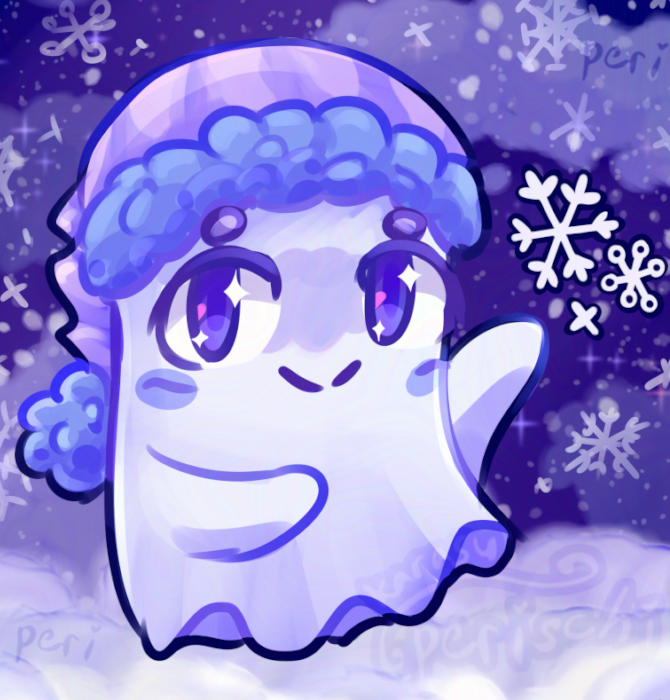Digital artwork of a ghost in a purple winter cap surrounded by snow and snowflakes