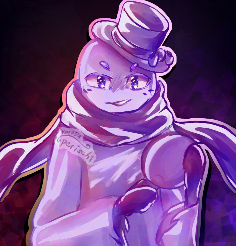 Digital artwork of a ghost character wearing a top hat and long scarf, holding a frying pan